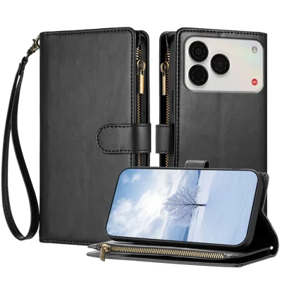  Étui en cuir pour ZTE nubia A57 Pro 4G / ZTE Nubia A57 4G, étui portefeuille avec fermeture à glissière, support, housse anti-choc avec sangle de poignet - Noir