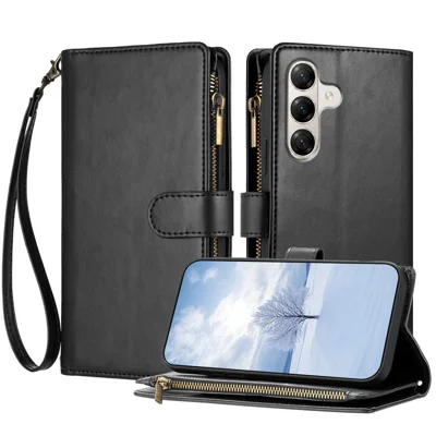 Til ZTE nubia A77 4G Læderlomme med lynlås, wallet, stand og beskyttelsesdæksel med håndtagsnørre - Sort