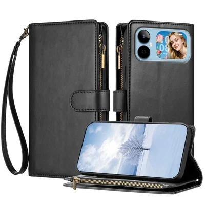  For Honor Play20A 4G Leather Case Zipper Wallet Stand Shockproof Phone Cover with Wrist Strap - Black