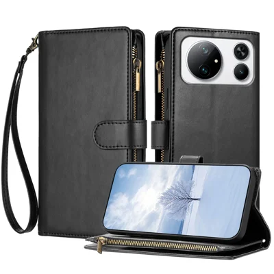  For Honor Magic9 Super Edition 5G Leather Case Zipper Wallet Stand Shockproof Phone Cover with Wrist Strap - Black