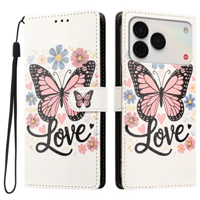 Voor ZTE Nubia A57 4G Hoesje Patroon Geprint PU Leren Flip Portemonnee Telefoonhoesje met Polsbandje - Roze Vlinder