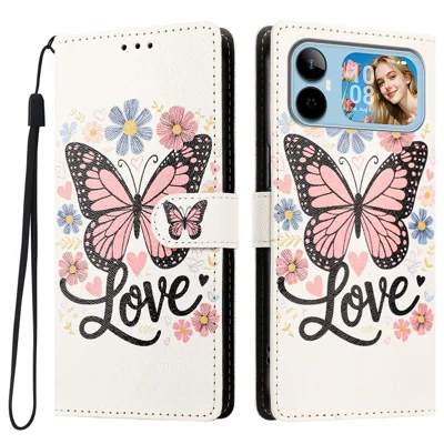  For Honor Play20A 4G Case Pattern Printed PU Leather Flip Wallet Phone Cover with Wrist Strap - Pink Butterfly