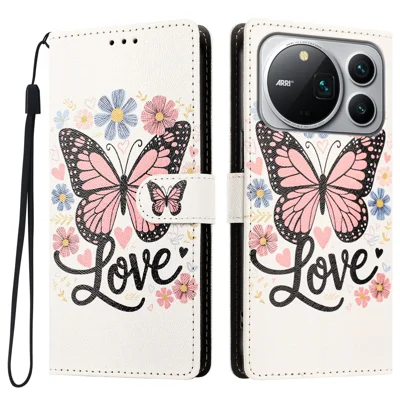  For Honor Magic9 Pro Max 5G Case Pattern Printed PU Leather Flip Wallet Phone Cover with Wrist Strap - Pink Butterfly