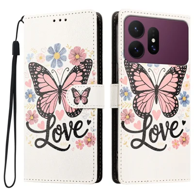 Чехол для Samsung Galaxy S27 Ultra с рисунком, откидной, из искусственной кожи с отделением для кошелька и ремешком на запястье — розовый бабочка