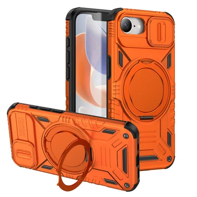  For iPhone 16e / iPhone 17e Case with Rotating Magnetic Kickstand, Sliding Camera Cover PC + TPU Phone Shell - Orange