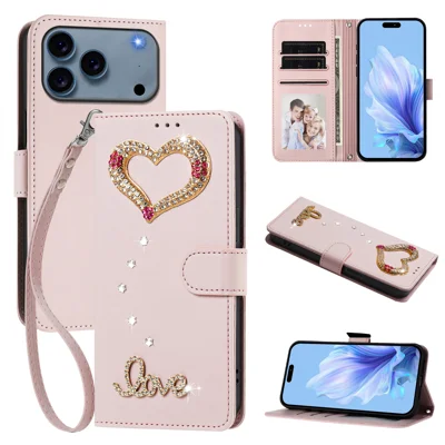  For iPhone 17 Pro / iPhone 18 Pro Wallet Case 3D Rhinestone LOVE Heart Foldable Stand Leather Phone Cover with Wrist Strap - Pink