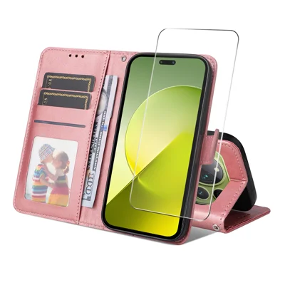  HAT PRINCE for Honor Magic9 Pro Max 5G Wallet Case ENKAY  Leather Phone Stand Cover with 0.18mm Screen Protector, Ultrasonic Fingerprint Unlock - Pink