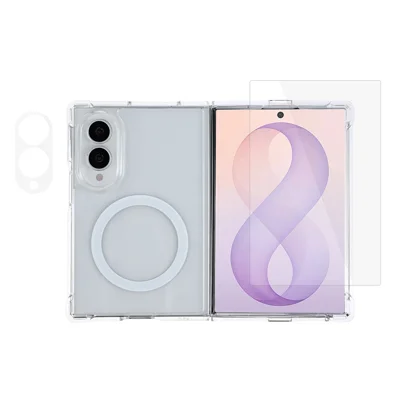 For Samsung Galaxy Z Fold8 Magnetic Case TPU + Acrylic Clear Phone Cover with Camera Lens Protector + Tempered Glass Screen Film - Transparent