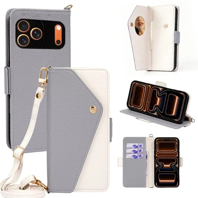 For iPhone 18 Pro Max / 17 Pro Max Crossbody Leather Case Envelope Style Phone Wallet Cover with Mirror / Shoulder Strap - Blue