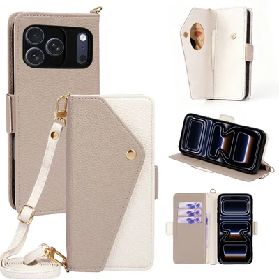 For iPhone 18 Pro / 17 Pro Crossbody Leather Case Envelope Style Phone Wallet Cover with Mirror / Shoulder Strap - White