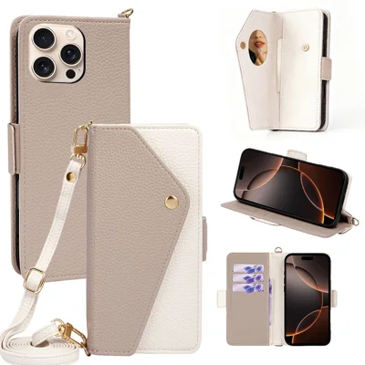 For iPhone 16 Pro Max Crossbody Leather Case Envelope Style Phone Wallet Cover with Mirror / Shoulder Strap - White