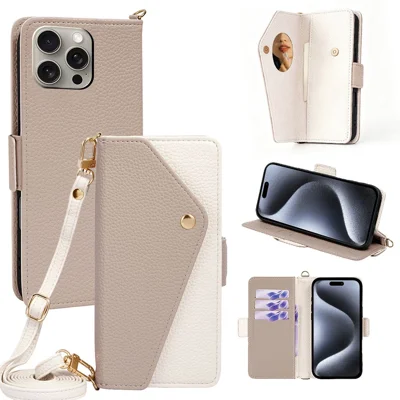 For iPhone 15 Pro Max Crossbody Leather Case Envelope Style Phone Wallet Cover with Mirror / Shoulder Strap - White