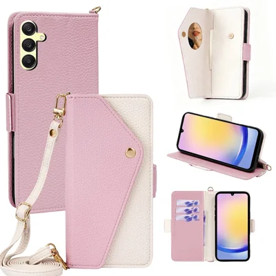 For Samsung Galaxy A25 5G (Global) (161mm) Crossbody Leather Case Envelope Style Phone Wallet Cover with Mirror / Shoulder Strap - Pink