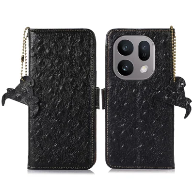 For Oppo Find X10 E 5G Case RFID Blocking Genuine Cow Leather Phone Case Ostrich Texture - Black