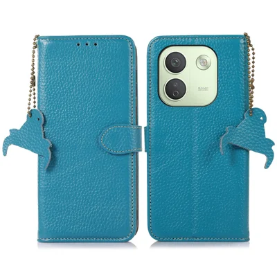 For Xiaomi Redmi Note 17 Pro Max 5G Case RFID Blocking Genuine Cow Leather Phone Cover Litchi Texture - Blue