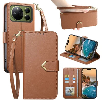 For Honor Magic9 Pro Max 5G Case Triangle Closure Leather Folio Wallet Phone Cover with Wrist Strap - Brown