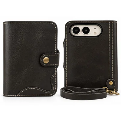 Funda para iPhone Duo con Hebilla, Auténtica Piel de Vaca, Cartera para Teléfono, Funda para Teléfono - Negro