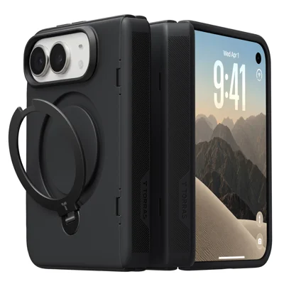 TORRAS Ostand Q3 Spin Series For iPhone Duo Magnetic Case with 1Pc Tempered Glass Screen Protector Rotating Kickstand PC + TPU Phone Cover - Black