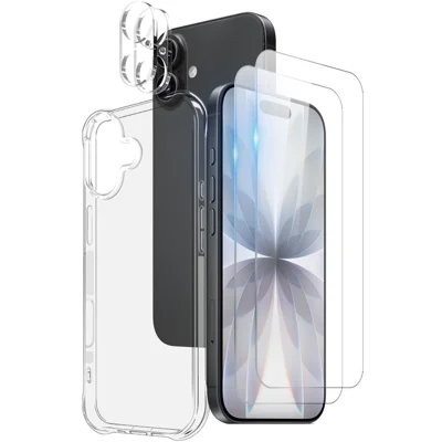 NORTHJO Conjunto 5 en 1 para iPhone 17 Funda TPU Protectora a Prueba de Golpes con 2 Unidades de Vidrio Templado + 2 Protectores de Lente - Transparente