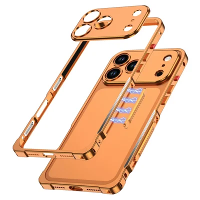 DYONG For iPhone 18 Pro Max Metal Phone Frame with Magnetic Latch, Camera Cover and 2-Position EDC Rhombus-Shaped Decompression Bar - Orange