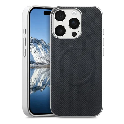 Für iPhone 13 Pro Magnetische Hülle mit silberner Kante, Ledertextur aus Carbonfaser + PC + TPU Handytasche - Schwarz