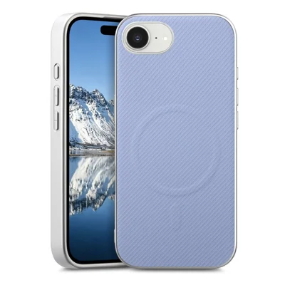 Coque magnétique pour iPhone 17e / 16e, texture fibre de carbone avec bordure argentée, cuir + PC + TPU, housse pour téléphone - violet clair
