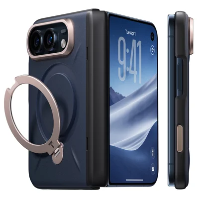 TORRAS Ostand Q3 VegSkin Series For iPhone Duo Magnetic Case with Kickstand Microfiber Leather Phone Cover - Navy Blue