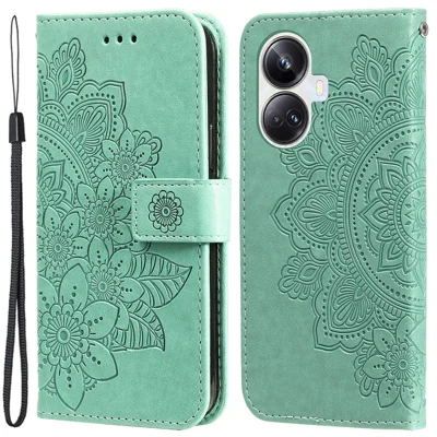 For Realme 10 Pro+ 5G Case Floral Pattern PU Leather Wallet Stand Phone Cover - Green
