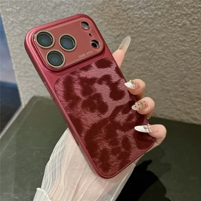 For iPhone 18 Pro Max Case Leopard Print PU Leather + PC + TPU Electroplated Matte Phone Cover - Wine Red