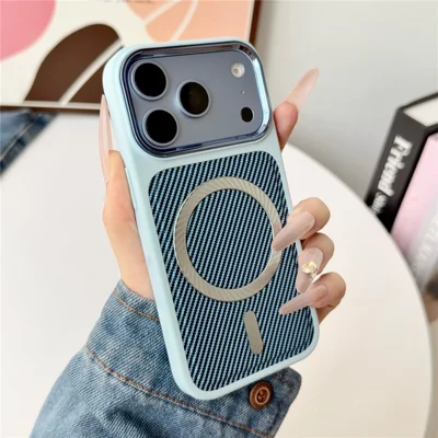 For iPhone 18 Pro Magnetic Case Carbon Fiber Texture PC + TPU Shockproof Phone Cover with Metal Camera Frame - Baby Blue