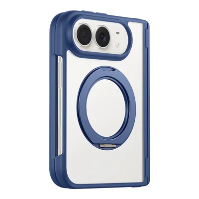 Funda magnética para iPhone Duo con soporte giratorio, protección de bisagra, carcasa transparente mate con protector de pantalla - Azul marino