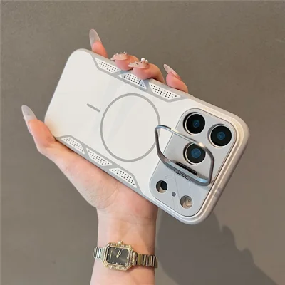 For iPhone 18 Pro Magnetic Case Honeycomb Cooling Matte Skin Touch PC + TPU Phone Cover with Camera Frame Kickstand - White