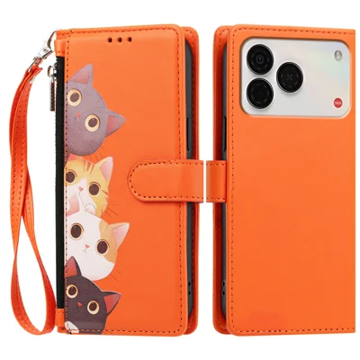 Coque pour ZTE nubia A57 Pro 4G / ZTE Nubia A57 4G, motif mignon de chat, housse portefeuille en cuir PU avec dragonne amovible - Orange
