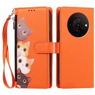  For ZTE Blade A76 5G Case Cute Cat Pattern PU Leather Flip Wallet Phone Cover with Wrist Strap - Orange