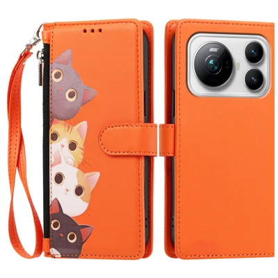  For Honor Magic9 5G Case Cute Cat Pattern PU Leather Flip Wallet Phone Cover with Wrist Strap - Orange