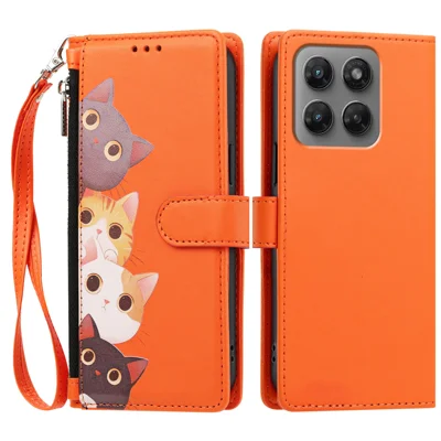  For Motorola Moto G37 Power 5G / Motorola Moto G47 5G / Motorola Moto G37 5G Case Cute Cat Pattern PU Leather Flip Wallet Phone Cover with Wrist Strap - Orange