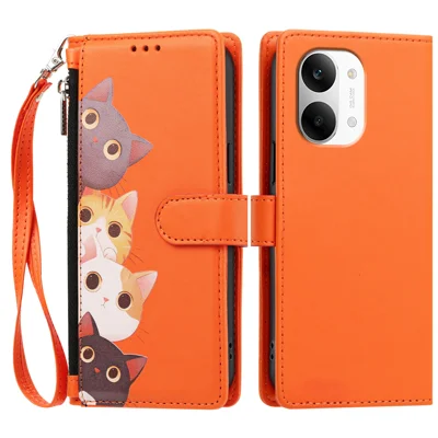  For Xiaomi Redmi Turbo 5 Max 5G / Xiaomi Poco X8 Pro Max 5G Case Cute Cat Pattern PU Leather Flip Wallet Phone Cover with Wrist Strap - Orange