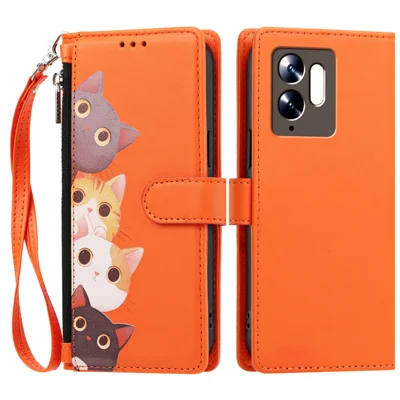 Für Xiaomi Poco C95 Pro Hülle niedliches Katzenmuster PU-Leder Kippbrieftasche mit Handschlaufe - Orange