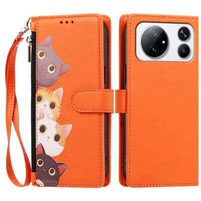 For Honor Magic9 Super Edition 5G Case Cute Cat Pattern PU Leather Flip Wallet Phone Cover with Wrist Strap - Orange