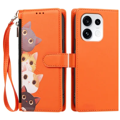 Capa para Oppo Reno16 Pro 5G (Global) / Oppo Reno16 5G (Global) com Estampa de Gatinho Bonito, Capa Carteira Dobrável em Couro PU com Alça de Pulso - Laranja