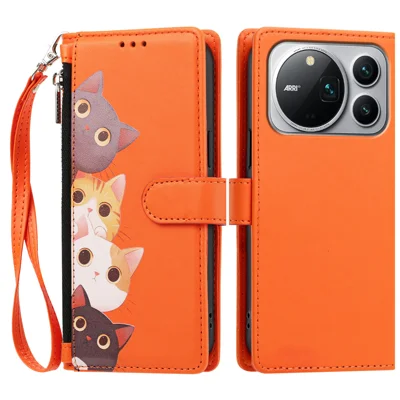  For Honor Magic9 Pro Max 5G Case Cute Cat Pattern PU Leather Flip Wallet Phone Cover with Wrist Strap - Orange