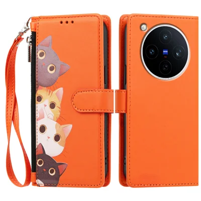  For vivo X500 Pro 5G Case Cute Cat Pattern PU Leather Flip Wallet Phone Cover with Wrist Strap - Orange