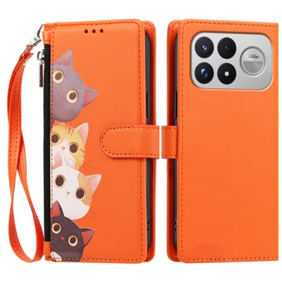 Capa para Telemóvel com Carteira de Couro PU com Estampa de Gato Fofo e Alça de Pulso - Laranja para Xiaomi Poco F8 Ultra / Xiaomi Redmi K90 Pro Max 5G / Xiaomi Redmi K100 Pro Max 5G (China) / Xiaomi Poco F9 Ultra 5G