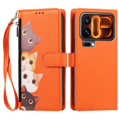  For Xiaomi 18 Pro Max Case Cute Cat Pattern PU Leather Flip Wallet Phone Cover with Wrist Strap - Orange