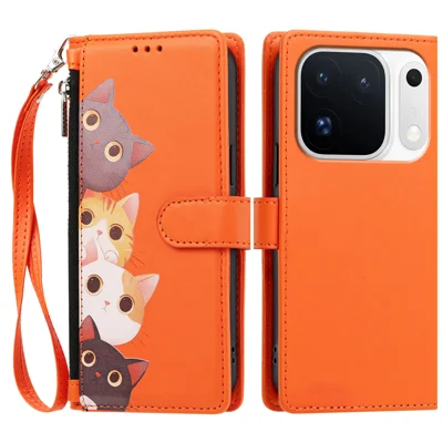 Voor Oppo Find X10 Pro Max 5G Hoesje Schattig Katpatroon PU Leer Flip Portemonnee Telefoonhoesje met Polsriem - Oranje