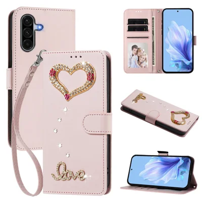  For Samsung Galaxy A17 4G / Galaxy A18 4G / Galaxy A18 5G / Galaxy A26 5G / Galaxy A17 5G Wallet Case 3D Rhinestone LOVE Heart Foldable Stand Leather Phone Cover with Wrist Strap - Pink