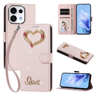 Voor Oppo Reno16 5G (Global) / Oppo Reno16 5G (China) / Oppo Reno16 Pro 5G (Global) Portefeuillehoesje 3D Strass LOVE Hart Opvouwbare Stand Lederen Telefoonhoes met Polsriem - Roze