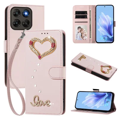  For Motorola Moto G87 5G Wallet Case 3D Rhinestone LOVE Hart Opvouwbare Stand Leren Telefoonhoes met Polsbandje - Roze