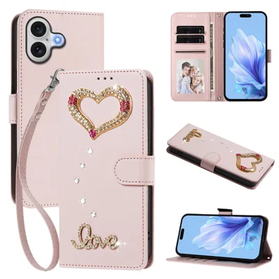  For iPhone 17 Wallet Case 3D Rhinestone LOVE Heart Foldable Stand Leather Phone Cover with Wrist Strap - Pink