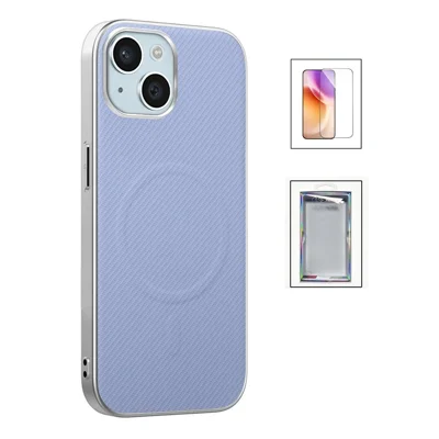 For iPhone 15 Magnetic Case with Tempered Glass Screen Protector Carbon Fiber Texture Phone Back Cover - Light Purple